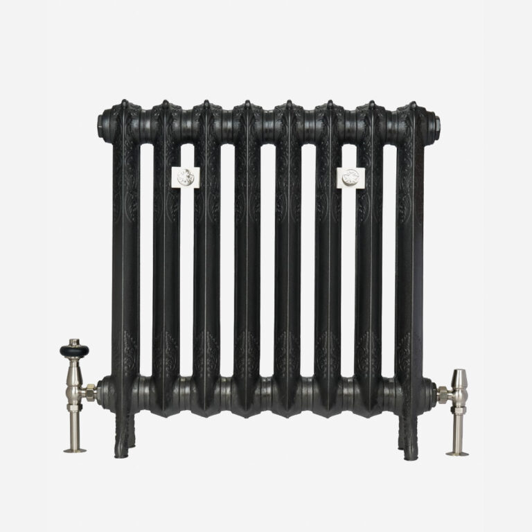 Rococo I cast iron radiator in Black Iron with Satin Nickel accessories