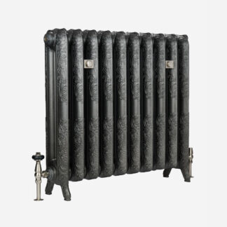 Rococo II cast iron radiator in Black Iron with Satin Nickel accessories - angled view