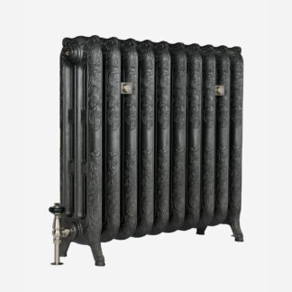 Rococo III cast iron radiator in Black Iron with Satin Nickel accessories - angled view