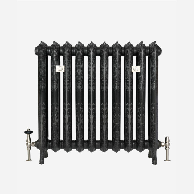 Rococo III cast iron radiator in Black Iron with Satin Nickel accessories
