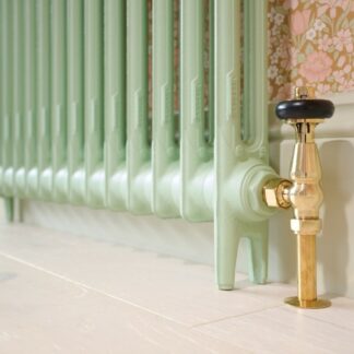 Windsor Angled TRV in an Unlacquered Brass finish with a Mercury 2 Column in Little Greene Peagreen